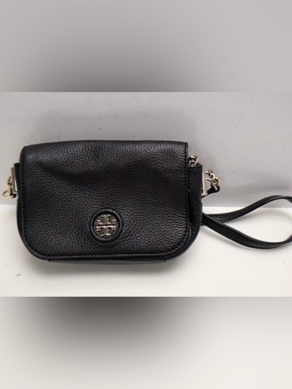 Tory Burch Black Pebbled Leather Logo Crossbody with Chain Strap
